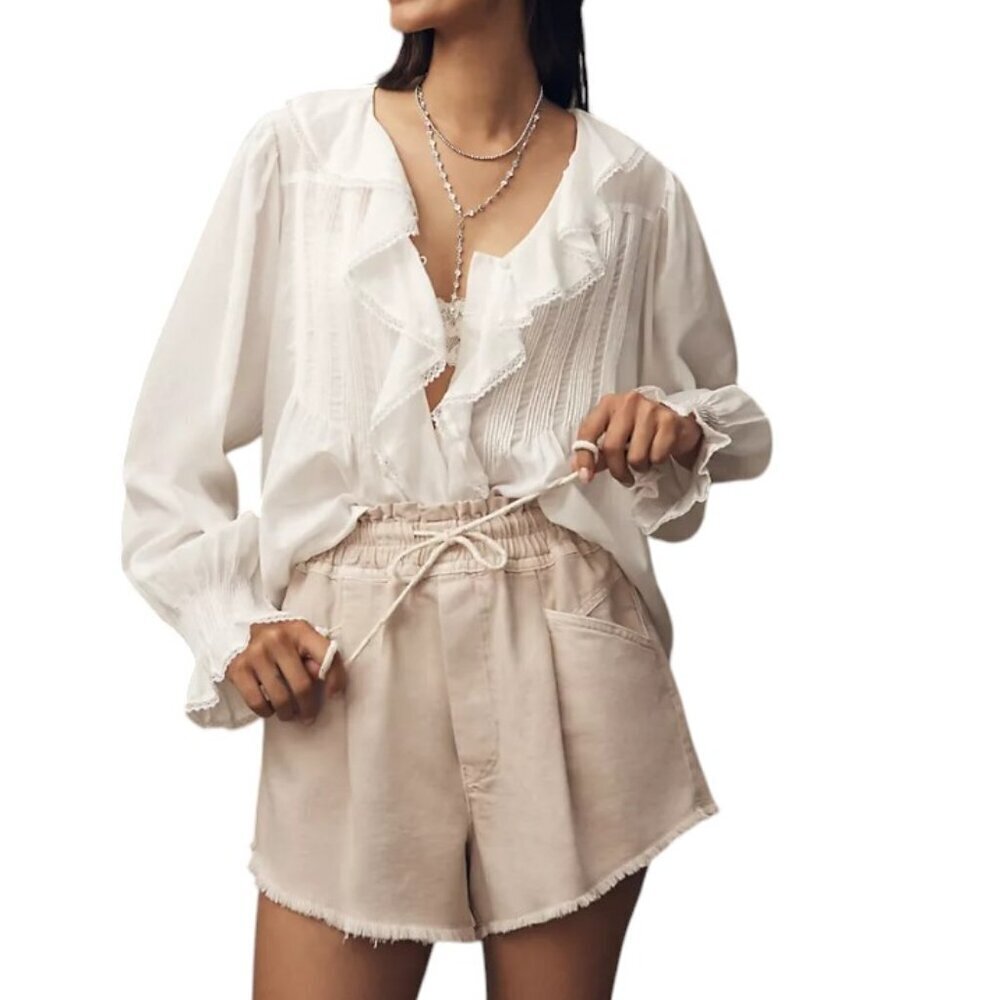 Anthropologie Pilcro Pleated Pull-On Paperbag Tie Waist Shorts Sand, Size M, NWT